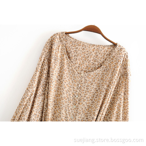Women's Causal Rayon Leopard Long Sleeve Dress